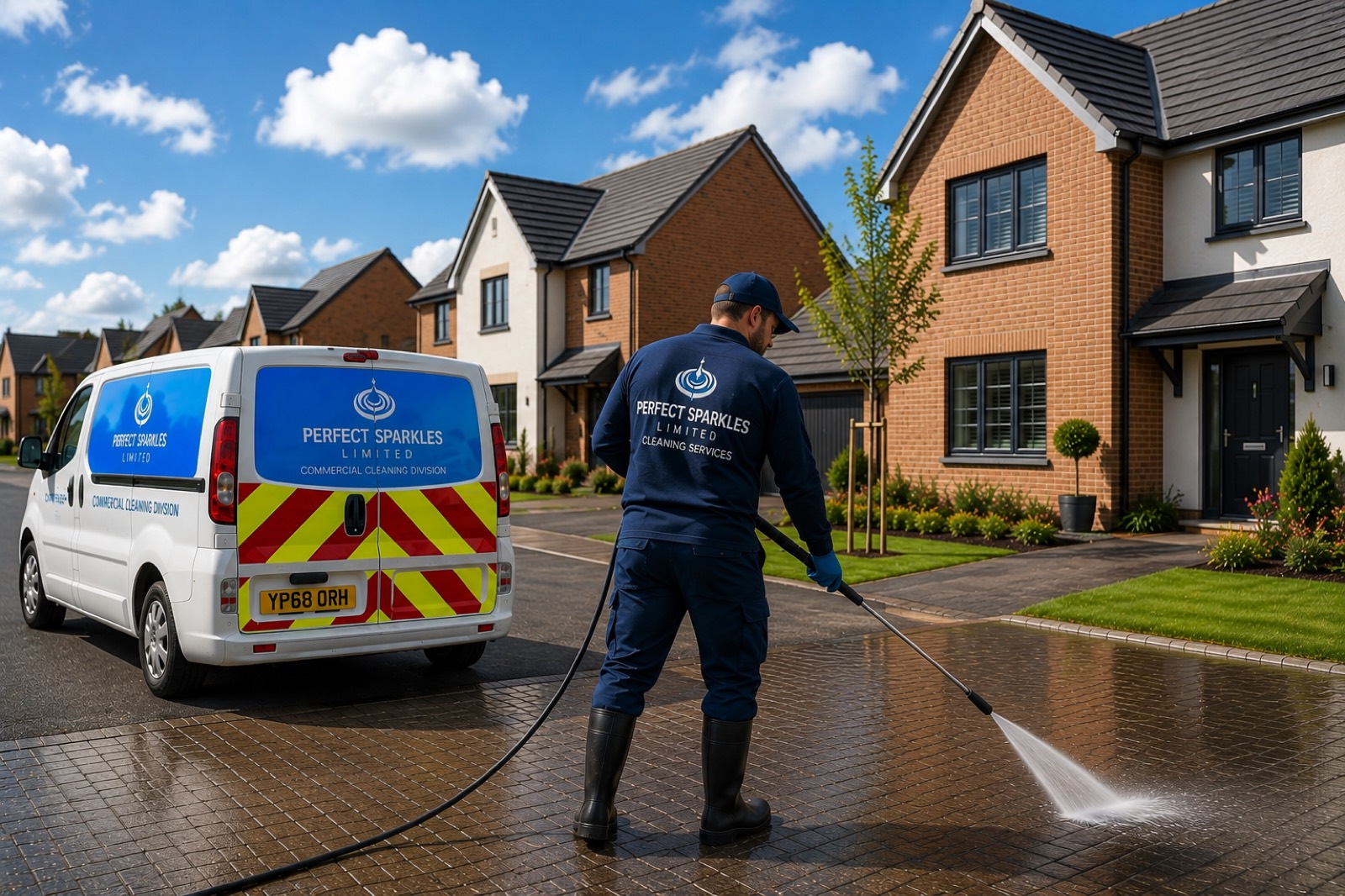 Perfect Sparkles operative jet washing a driveway on a new build estate with branded van