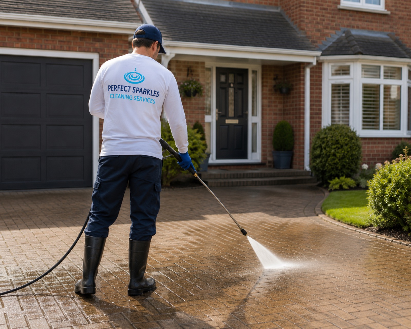 Perfect Sparkles operative jet washing a block paved driveway